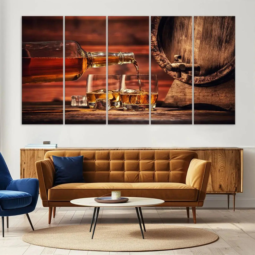 The Scotch Whiskey Barrel Cigar Bourbon Wall Art Canvas Print is a hand-assembled triptych depicting whiskey flowing into glasses, set against a backdrop of barrels. Crafted on museum-quality canvas, this piece adds an elegant touch to any room and includes free shipping for added convenience.