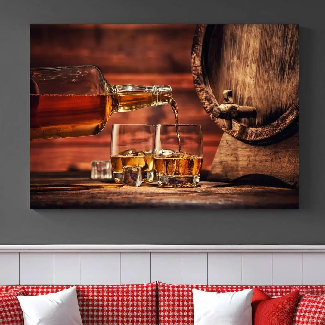 The Scotch Whiskey Barrel Cigar Bourbon Wall Art Canvas Print is a hand-assembled triptych depicting whiskey flowing into glasses, set against a backdrop of barrels. Crafted on museum-quality canvas, this piece adds an elegant touch to any room and includes free shipping for added convenience.