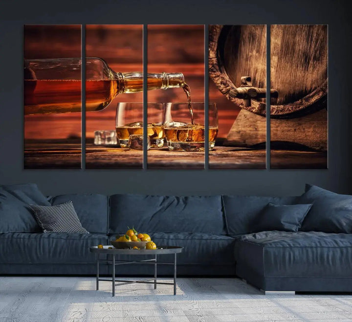 The Scotch Whiskey Barrel Cigar Bourbon Wall Art Canvas Print is a hand-assembled triptych depicting whiskey flowing into glasses, set against a backdrop of barrels. Crafted on museum-quality canvas, this piece adds an elegant touch to any room and includes free shipping for added convenience.