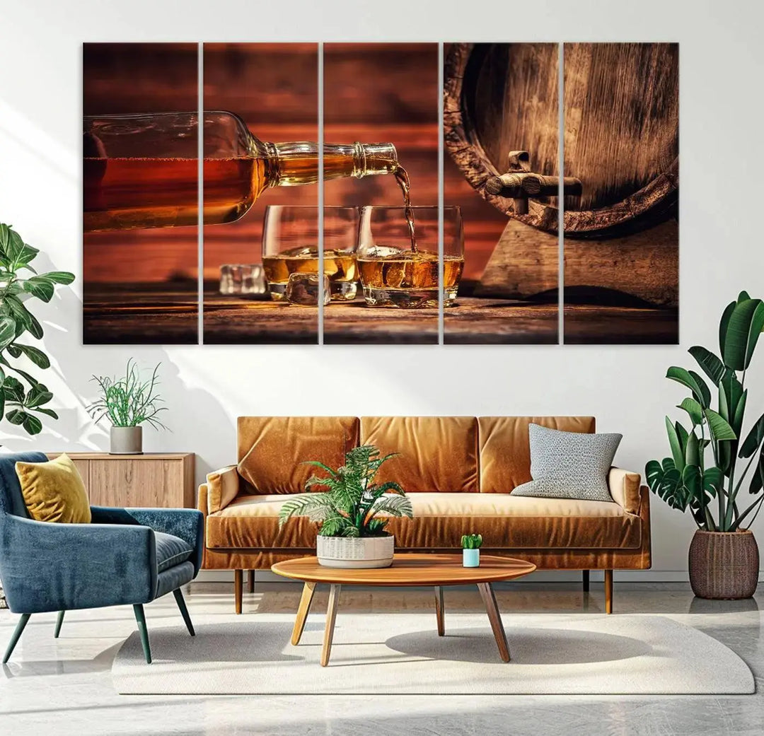 The Scotch Whiskey Barrel Cigar Bourbon Wall Art Canvas Print is a hand-assembled triptych depicting whiskey flowing into glasses, set against a backdrop of barrels. Crafted on museum-quality canvas, this piece adds an elegant touch to any room and includes free shipping for added convenience.