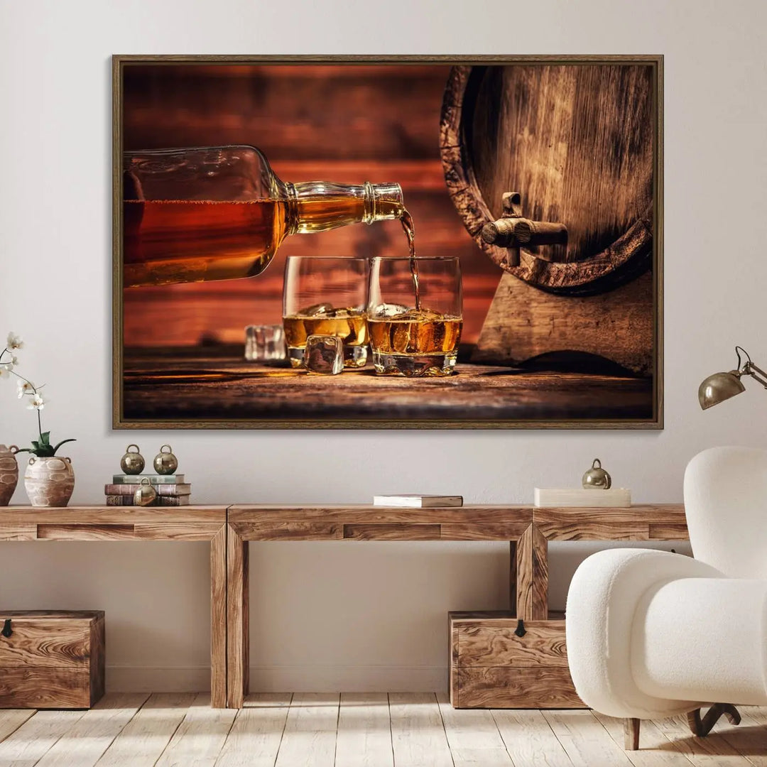 The wall art, titled Scotch Whiskey Barrel Cigar Bourbon, is a canvas print depicting whiskey being poured against the backdrop of a rustic barrel.