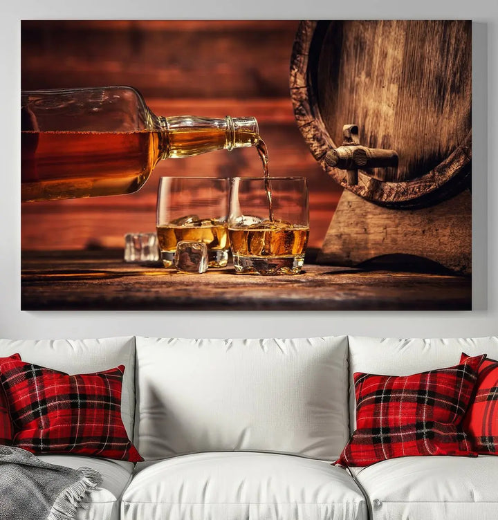 The wall art, titled Scotch Whiskey Barrel Cigar Bourbon, is a canvas print depicting whiskey being poured against the backdrop of a rustic barrel.