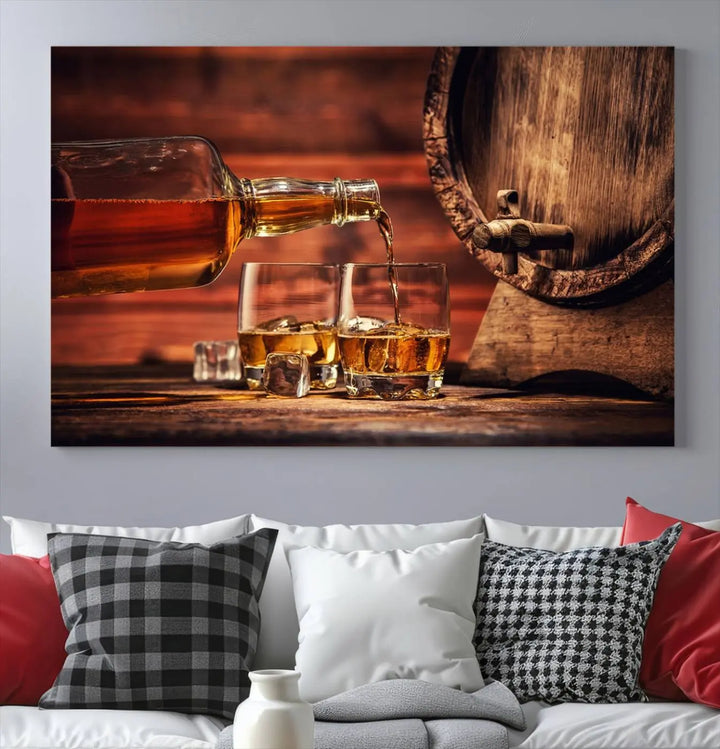 The wall art, titled Scotch Whiskey Barrel Cigar Bourbon, is a canvas print depicting whiskey being poured against the backdrop of a rustic barrel.