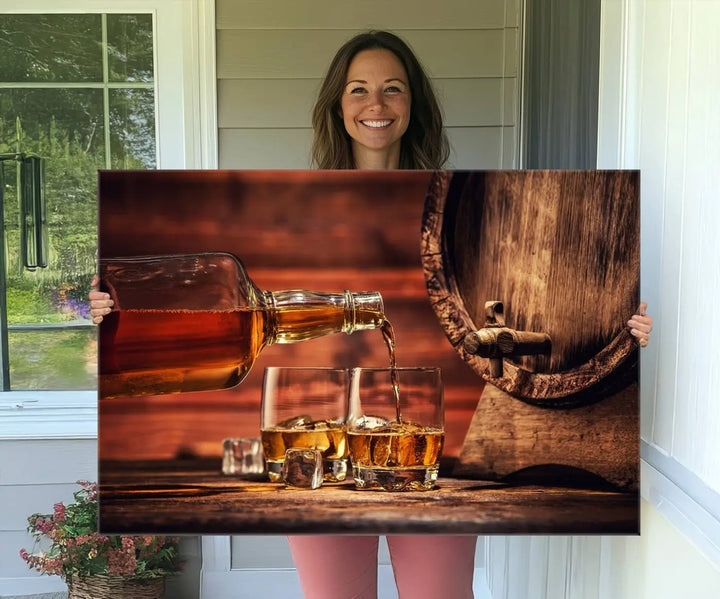 The wall art, titled Scotch Whiskey Barrel Cigar Bourbon, is a canvas print depicting whiskey being poured against the backdrop of a rustic barrel.