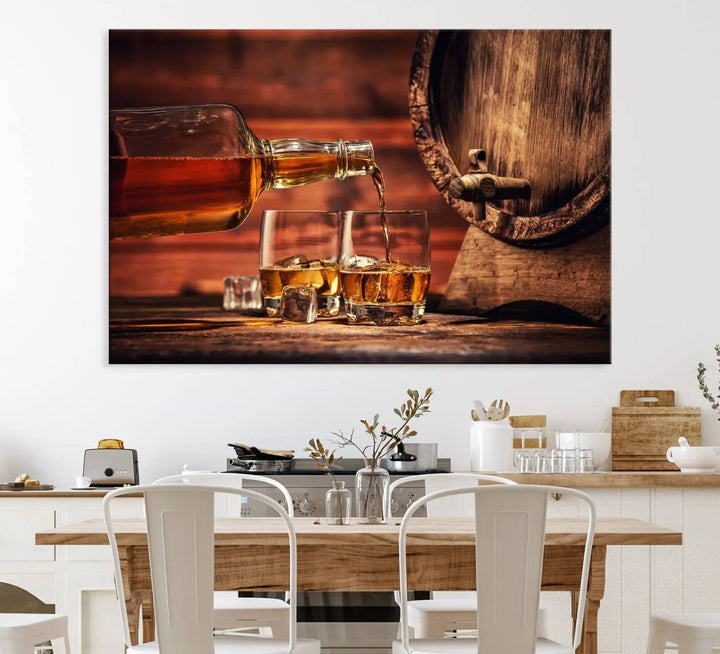 The wall art, titled Scotch Whiskey Barrel Cigar Bourbon, is a canvas print depicting whiskey being poured against the backdrop of a rustic barrel.