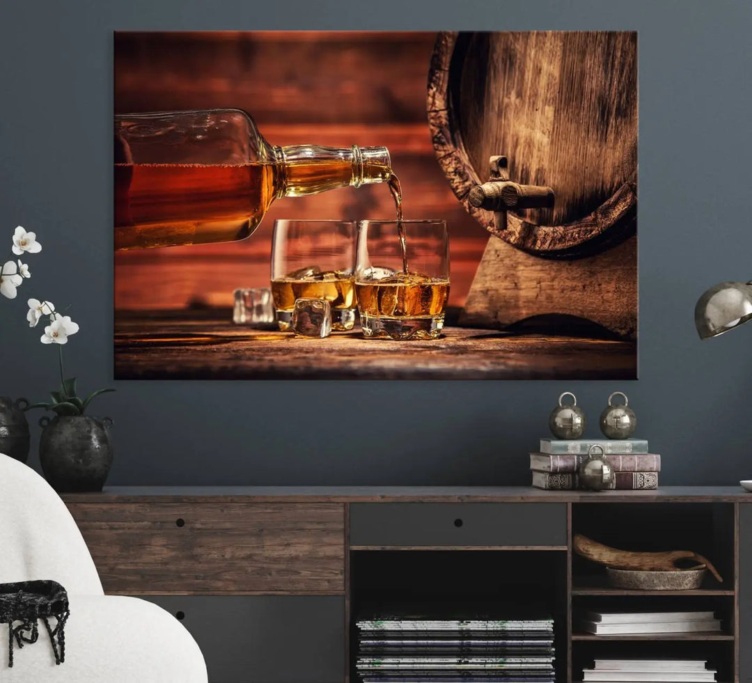 The wall art, titled Scotch Whiskey Barrel Cigar Bourbon, is a canvas print depicting whiskey being poured against the backdrop of a rustic barrel.