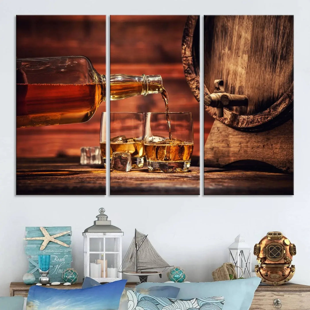 The wall art, titled Scotch Whiskey Barrel Cigar Bourbon, is a canvas print depicting whiskey being poured against the backdrop of a rustic barrel.