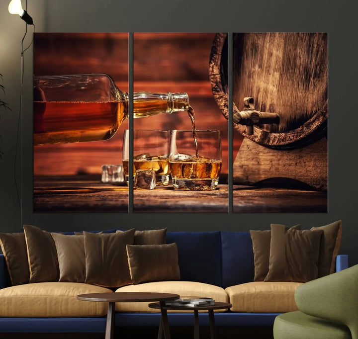 The wall art, titled Scotch Whiskey Barrel Cigar Bourbon, is a canvas print depicting whiskey being poured against the backdrop of a rustic barrel.