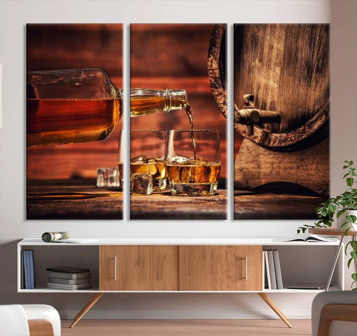 The wall art, titled Scotch Whiskey Barrel Cigar Bourbon, is a canvas print depicting whiskey being poured against the backdrop of a rustic barrel.