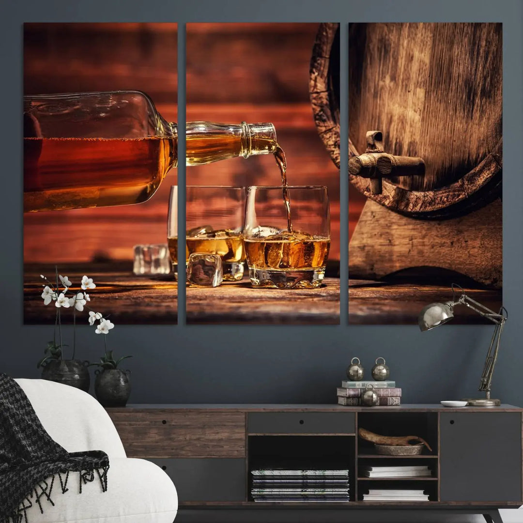 The wall art, titled Scotch Whiskey Barrel Cigar Bourbon, is a canvas print depicting whiskey being poured against the backdrop of a rustic barrel.