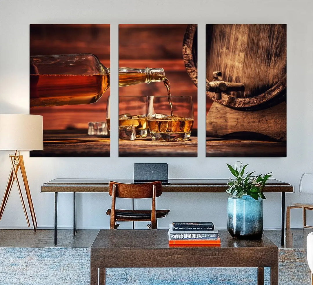 The wall art, titled Scotch Whiskey Barrel Cigar Bourbon, is a canvas print depicting whiskey being poured against the backdrop of a rustic barrel.