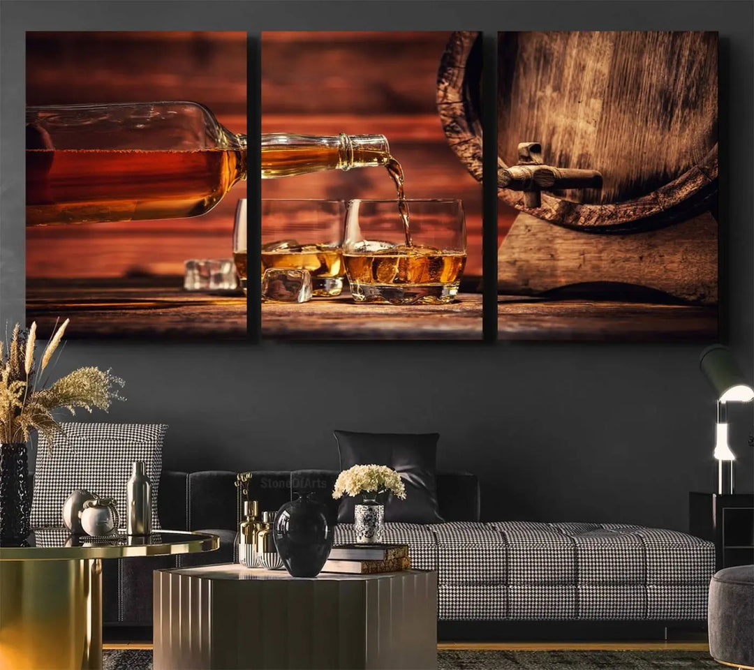 The wall art, titled Scotch Whiskey Barrel Cigar Bourbon, is a canvas print depicting whiskey being poured against the backdrop of a rustic barrel.