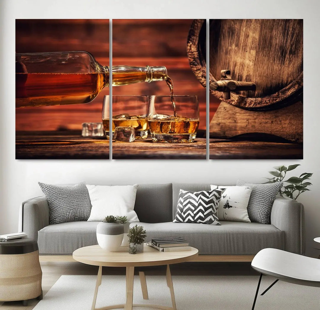 The wall art, titled Scotch Whiskey Barrel Cigar Bourbon, is a canvas print depicting whiskey being poured against the backdrop of a rustic barrel.