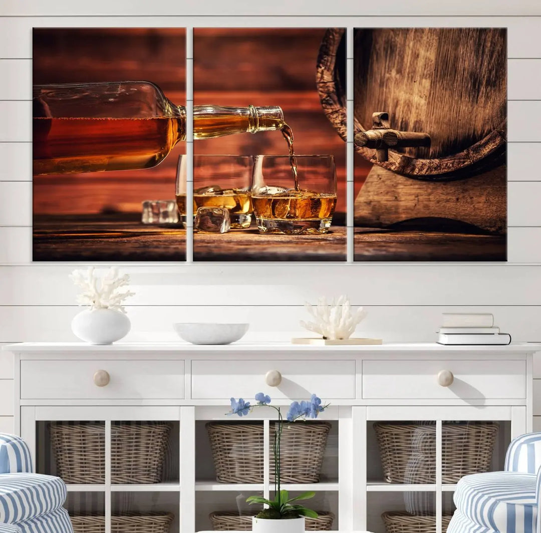 The wall art, titled Scotch Whiskey Barrel Cigar Bourbon, is a canvas print depicting whiskey being poured against the backdrop of a rustic barrel.