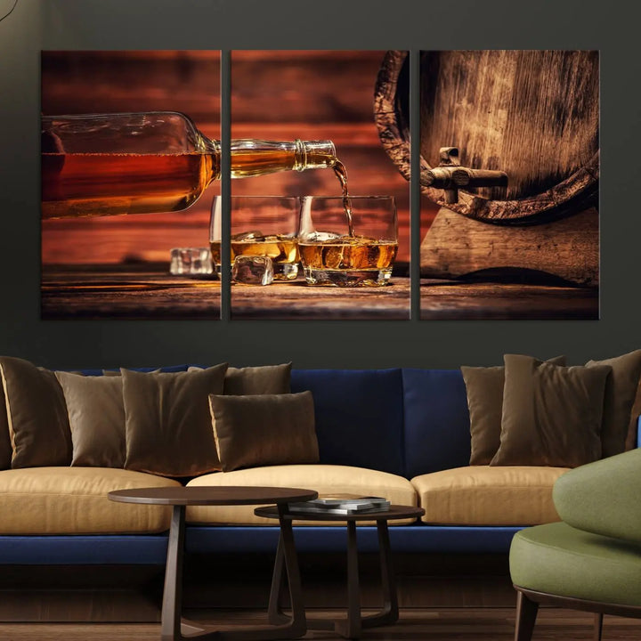 The wall art, titled Scotch Whiskey Barrel Cigar Bourbon, is a canvas print depicting whiskey being poured against the backdrop of a rustic barrel.