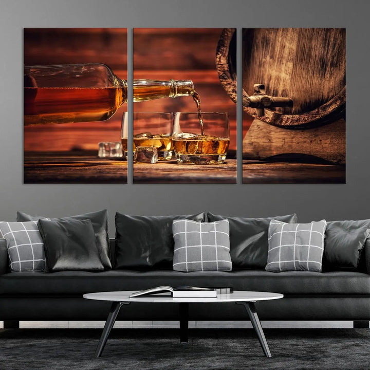 The wall art, titled Scotch Whiskey Barrel Cigar Bourbon, is a canvas print depicting whiskey being poured against the backdrop of a rustic barrel.