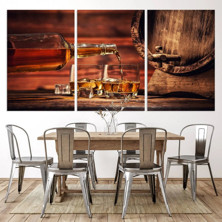 The wall art, titled Scotch Whiskey Barrel Cigar Bourbon, is a canvas print depicting whiskey being poured against the backdrop of a rustic barrel.