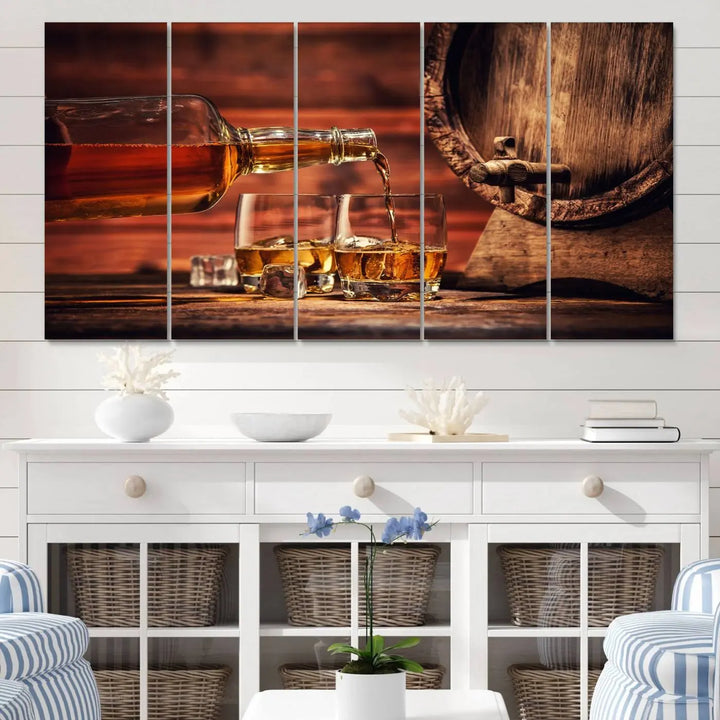 The wall art, titled Scotch Whiskey Barrel Cigar Bourbon, is a canvas print depicting whiskey being poured against the backdrop of a rustic barrel.