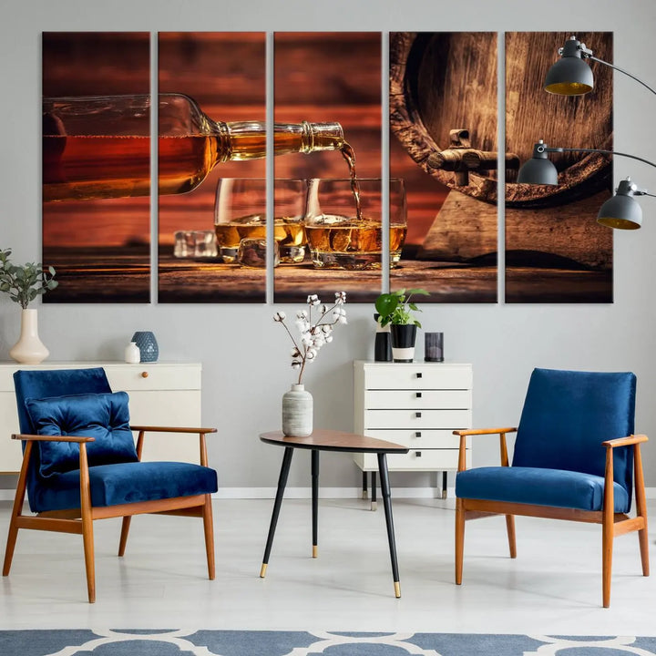 The wall art, titled Scotch Whiskey Barrel Cigar Bourbon, is a canvas print depicting whiskey being poured against the backdrop of a rustic barrel.