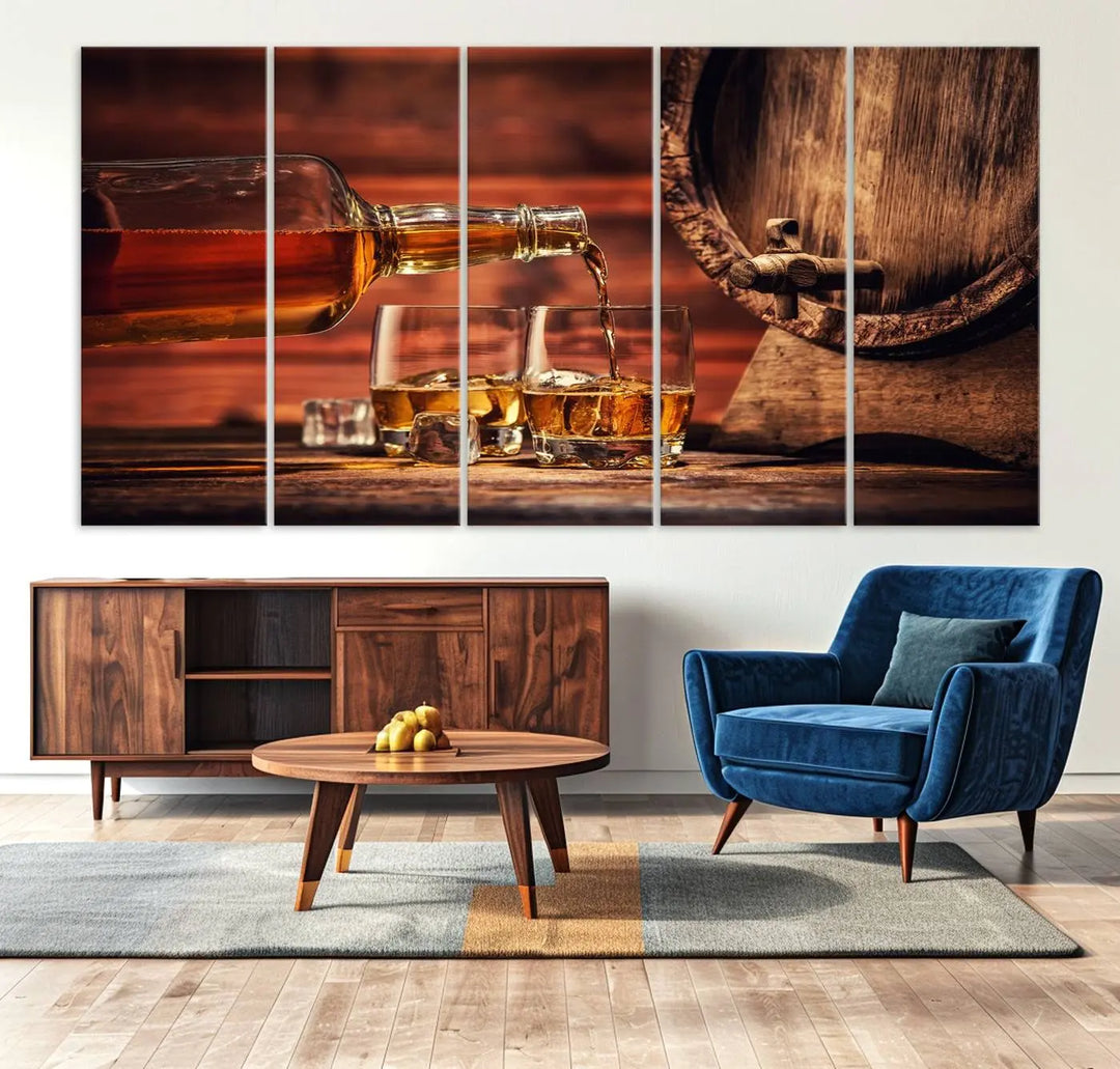 The wall art, titled Scotch Whiskey Barrel Cigar Bourbon, is a canvas print depicting whiskey being poured against the backdrop of a rustic barrel.