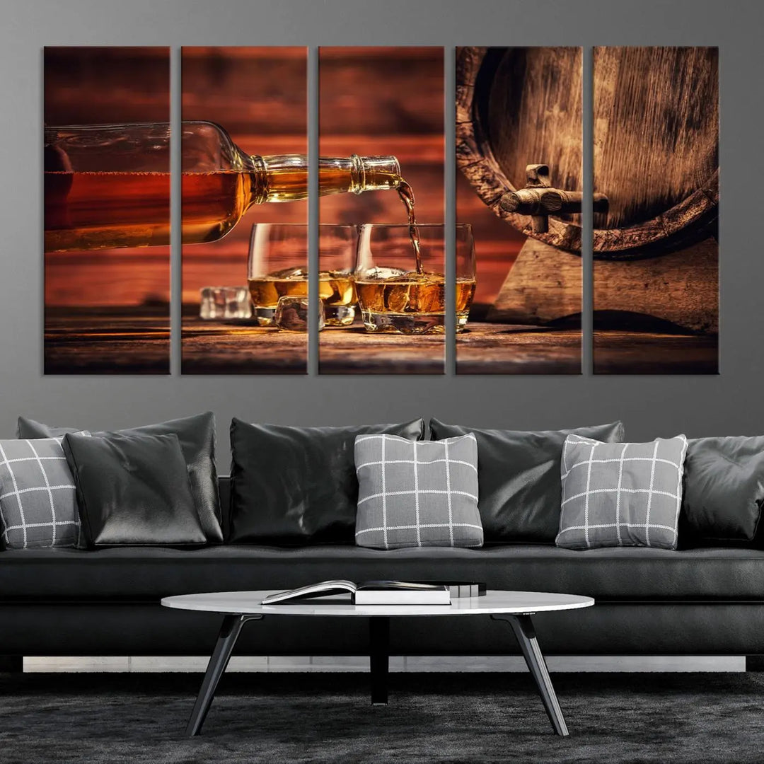 The wall art, titled Scotch Whiskey Barrel Cigar Bourbon, is a canvas print depicting whiskey being poured against the backdrop of a rustic barrel.