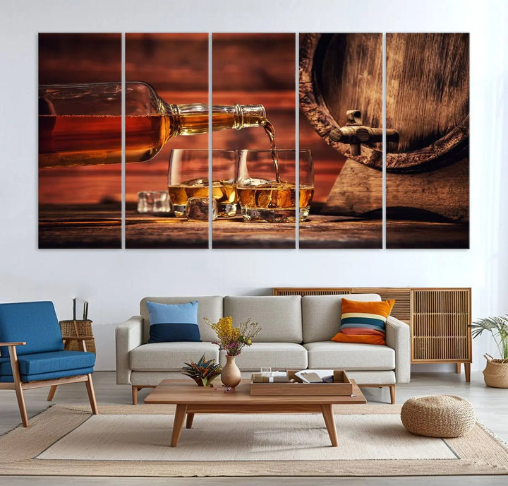 The wall art, titled Scotch Whiskey Barrel Cigar Bourbon, is a canvas print depicting whiskey being poured against the backdrop of a rustic barrel.