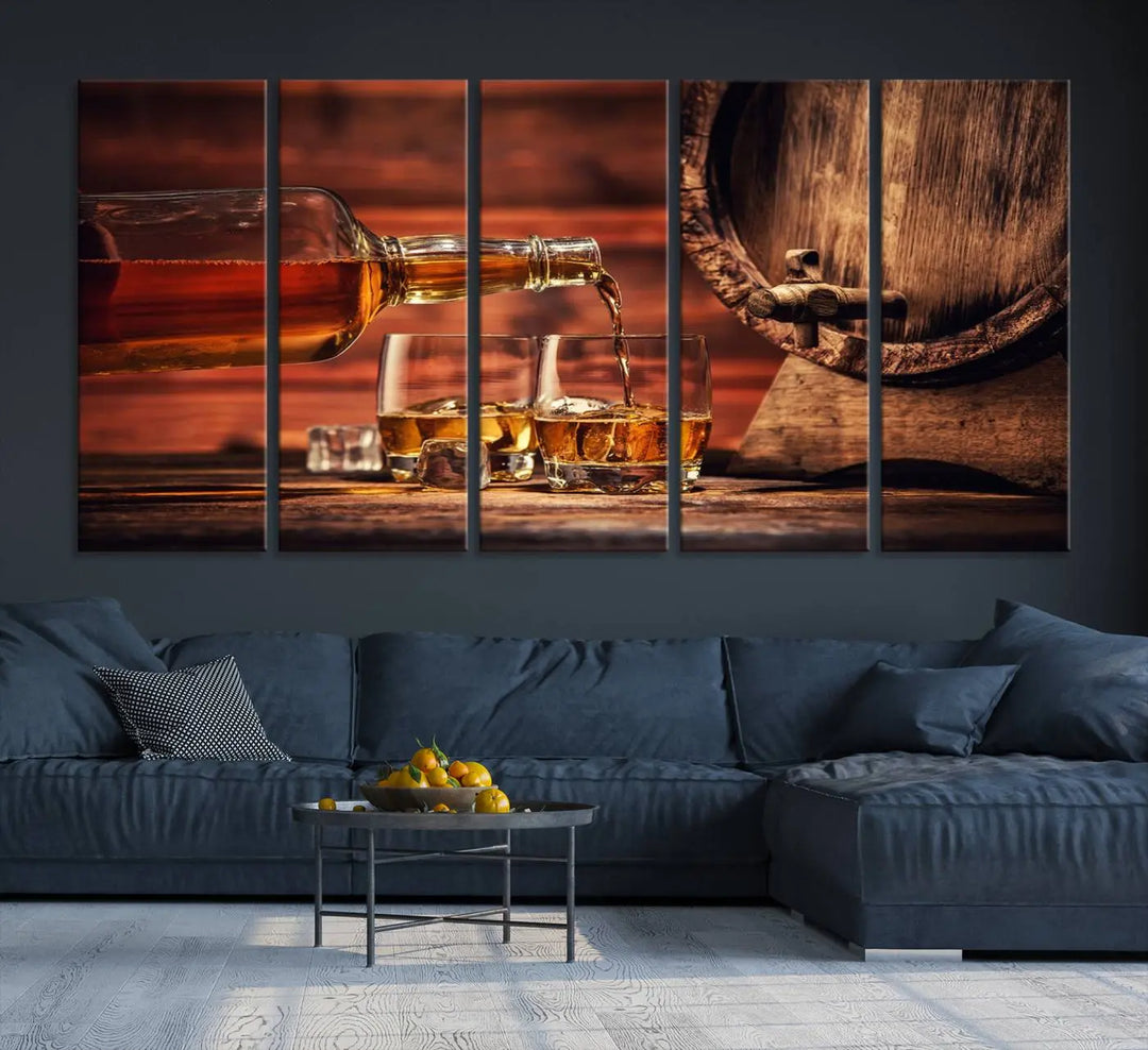 The wall art, titled Scotch Whiskey Barrel Cigar Bourbon, is a canvas print depicting whiskey being poured against the backdrop of a rustic barrel.