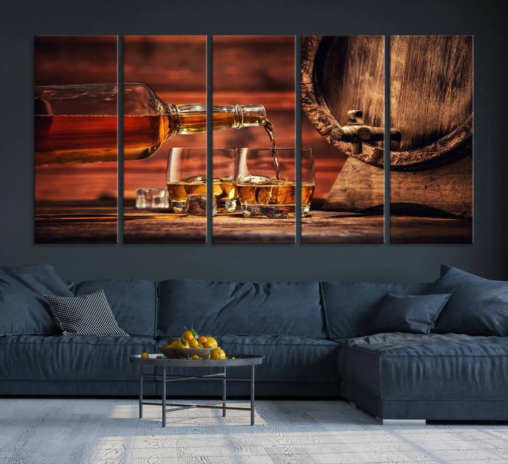 The wall art, titled Scotch Whiskey Barrel Cigar Bourbon, is a canvas print depicting whiskey being poured against the backdrop of a rustic barrel.