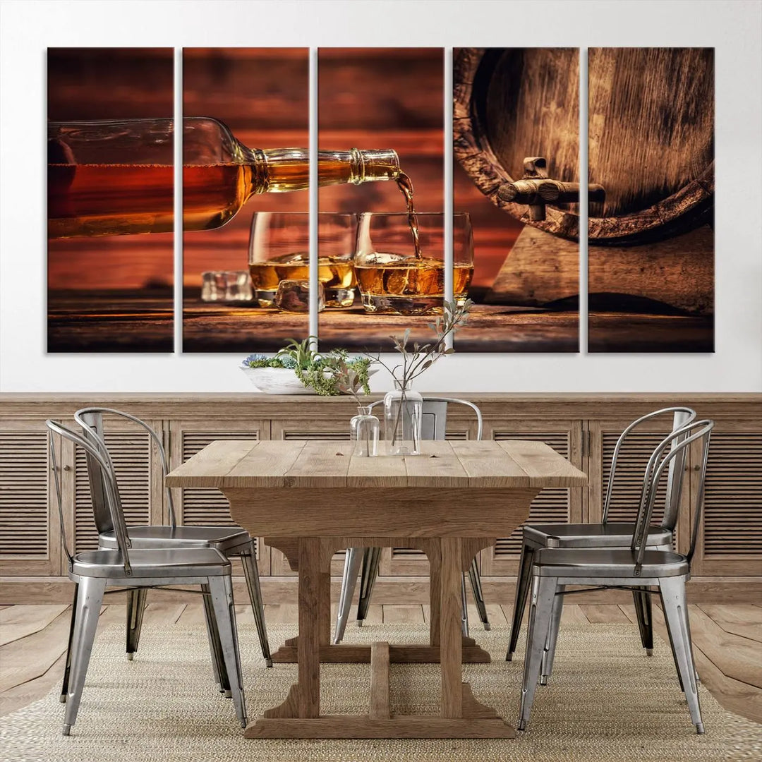 The wall art, titled Scotch Whiskey Barrel Cigar Bourbon, is a canvas print depicting whiskey being poured against the backdrop of a rustic barrel.