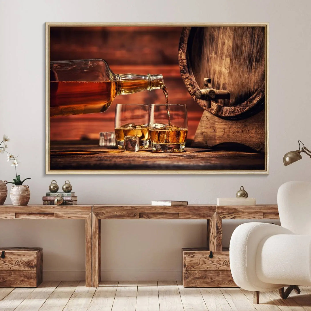 The wall art, titled Scotch Whiskey Barrel Cigar Bourbon, is a canvas print depicting whiskey being poured against the backdrop of a rustic barrel.