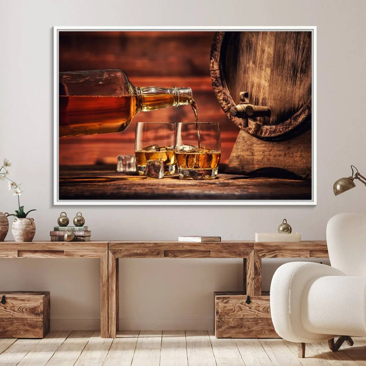 The wall art, titled Scotch Whiskey Barrel Cigar Bourbon, is a canvas print depicting whiskey being poured against the backdrop of a rustic barrel.