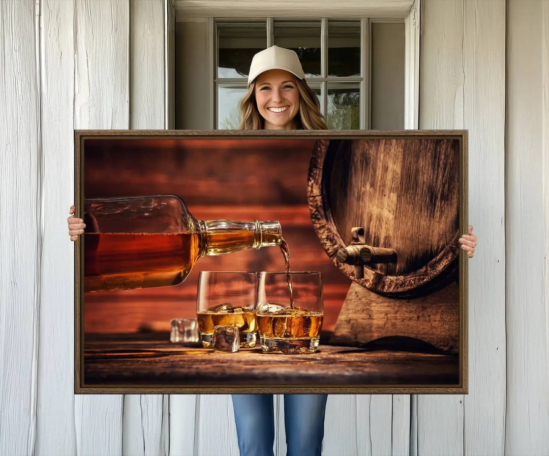 The wall art, titled Scotch Whiskey Barrel Cigar Bourbon, is a canvas print depicting whiskey being poured against the backdrop of a rustic barrel.