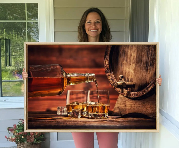 The wall art, titled Scotch Whiskey Barrel Cigar Bourbon, is a canvas print depicting whiskey being poured against the backdrop of a rustic barrel.