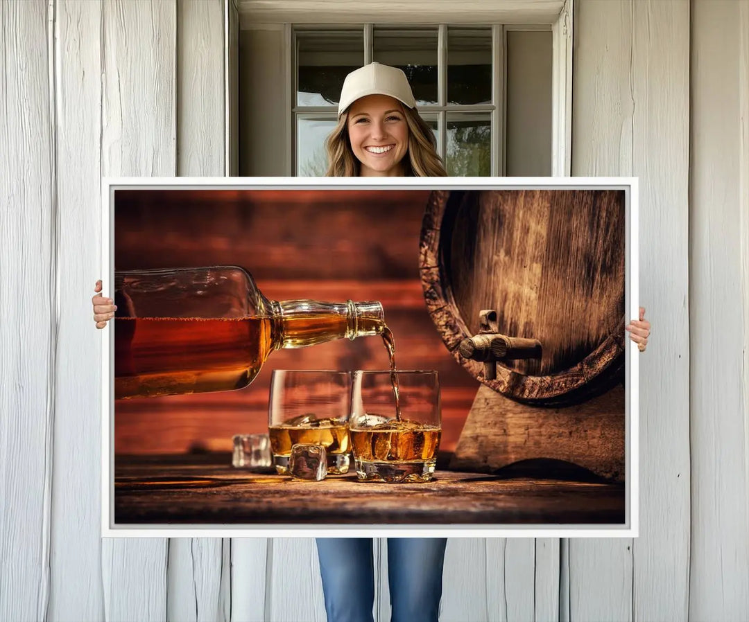 The wall art, titled Scotch Whiskey Barrel Cigar Bourbon, is a canvas print depicting whiskey being poured against the backdrop of a rustic barrel.