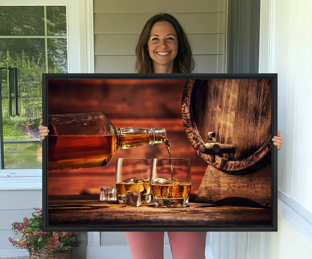 The wall art, titled Scotch Whiskey Barrel Cigar Bourbon, is a canvas print depicting whiskey being poured against the backdrop of a rustic barrel.