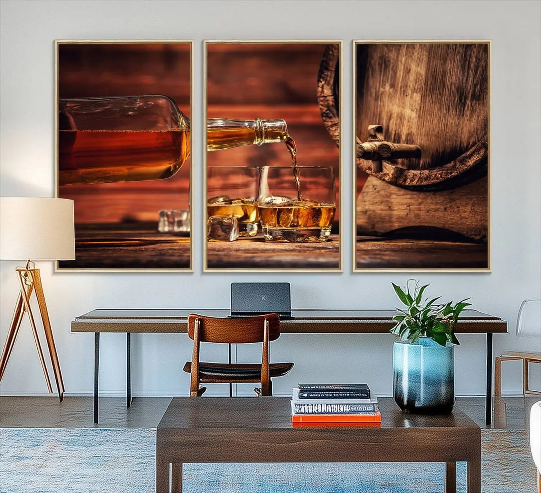 The wall art, titled Scotch Whiskey Barrel Cigar Bourbon, is a canvas print depicting whiskey being poured against the backdrop of a rustic barrel.