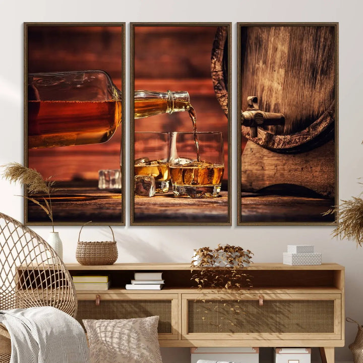 The wall art, titled Scotch Whiskey Barrel Cigar Bourbon, is a canvas print depicting whiskey being poured against the backdrop of a rustic barrel.