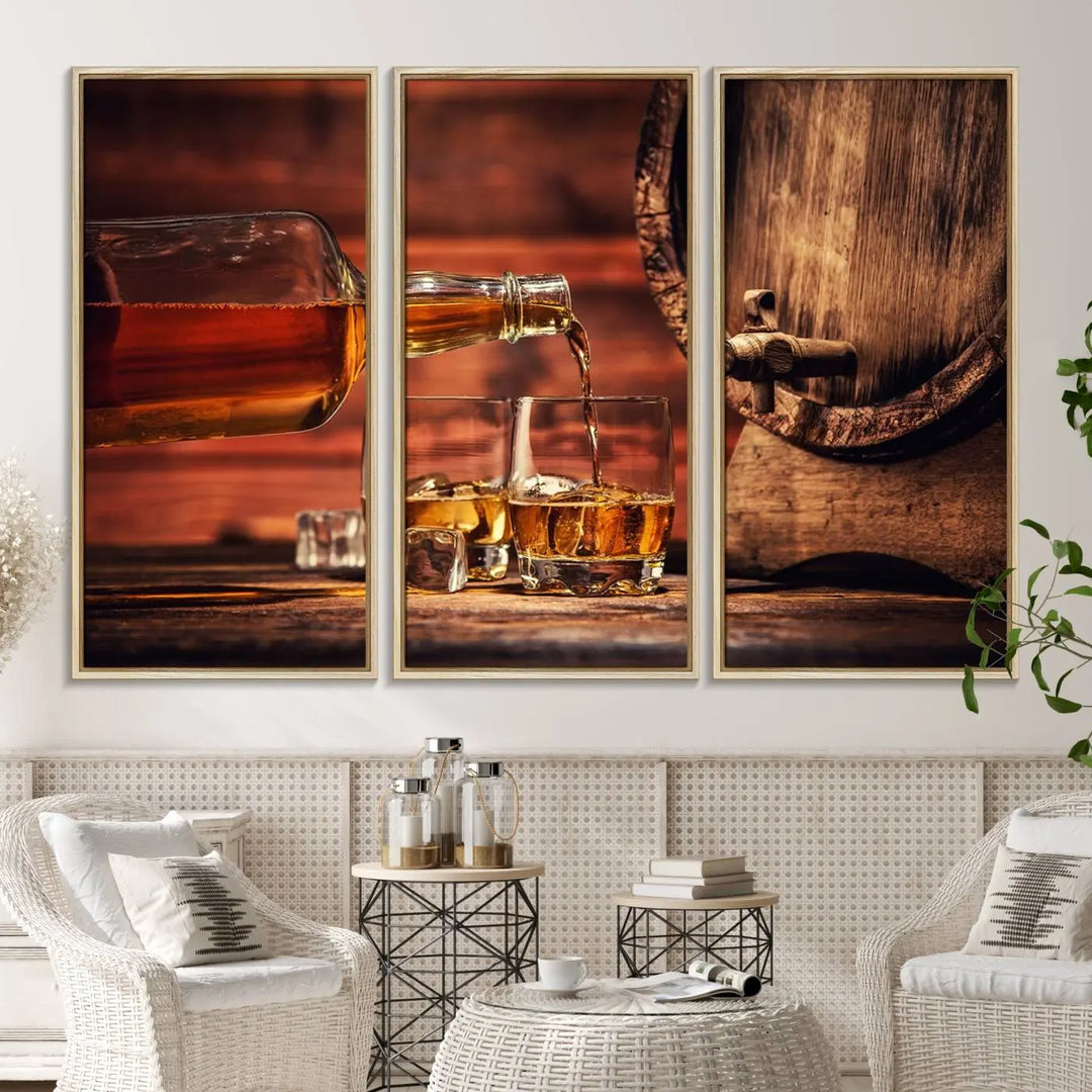 The wall art, titled Scotch Whiskey Barrel Cigar Bourbon, is a canvas print depicting whiskey being poured against the backdrop of a rustic barrel.