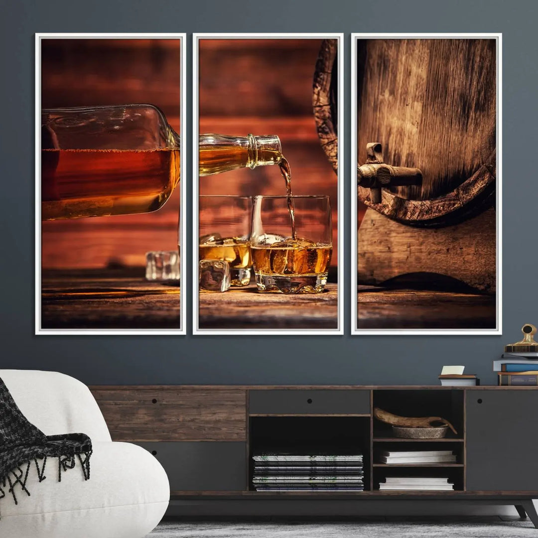 The wall art, titled Scotch Whiskey Barrel Cigar Bourbon, is a canvas print depicting whiskey being poured against the backdrop of a rustic barrel.