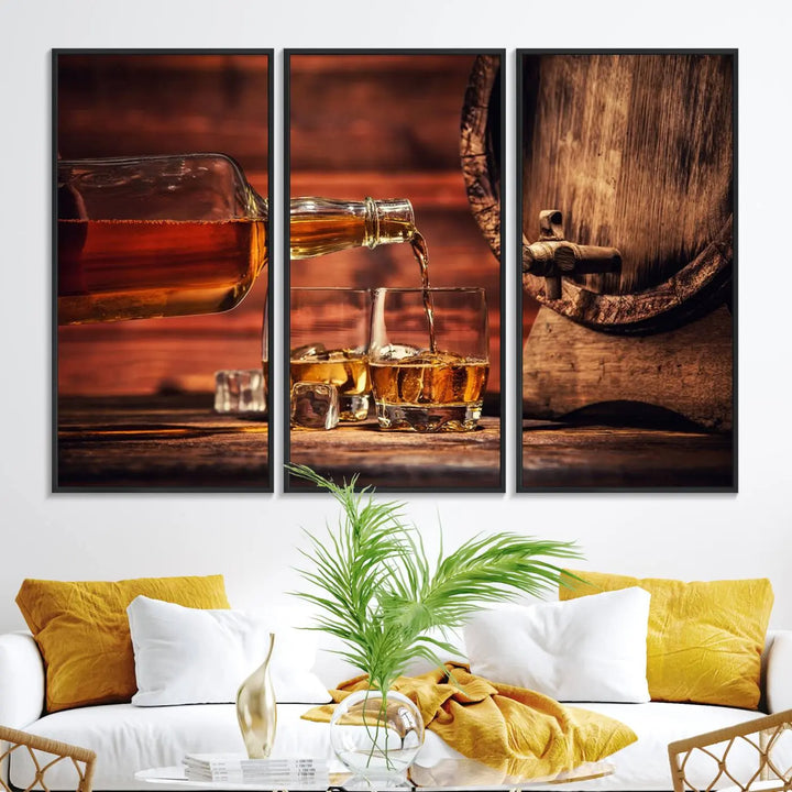 The wall art, titled Scotch Whiskey Barrel Cigar Bourbon, is a canvas print depicting whiskey being poured against the backdrop of a rustic barrel.