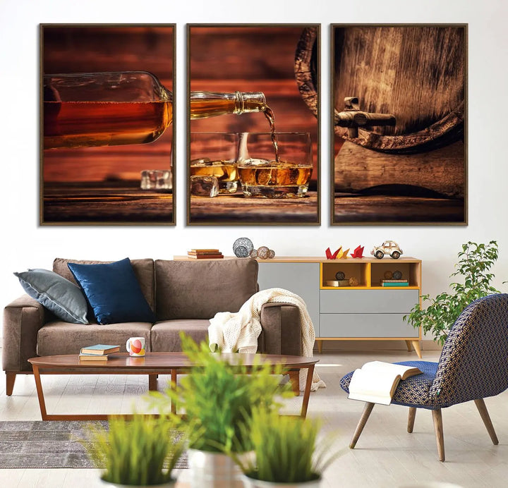 The wall art, titled Scotch Whiskey Barrel Cigar Bourbon, is a canvas print depicting whiskey being poured against the backdrop of a rustic barrel.