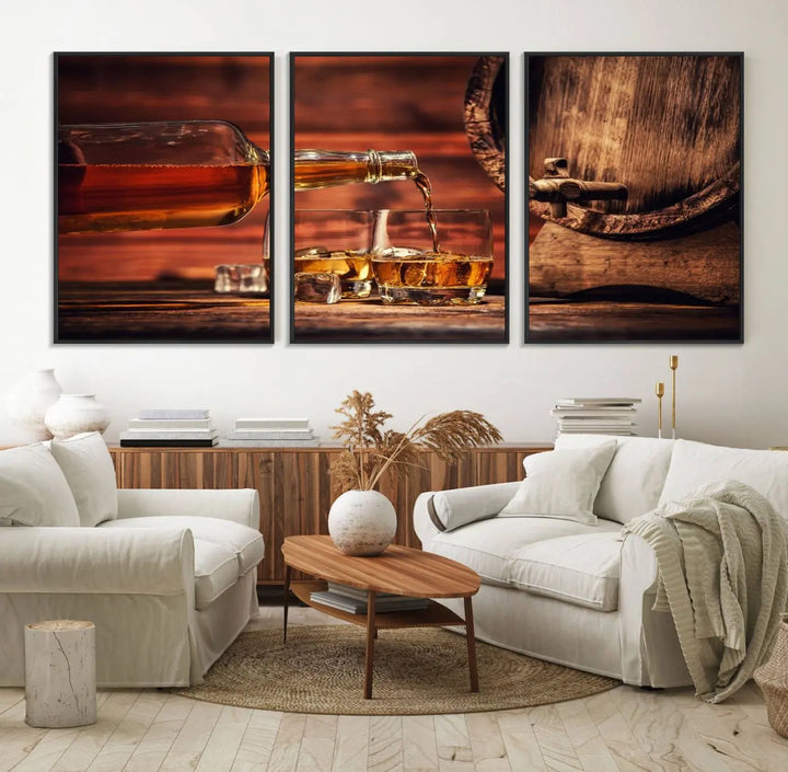 The wall art, titled Scotch Whiskey Barrel Cigar Bourbon, is a canvas print depicting whiskey being poured against the backdrop of a rustic barrel.