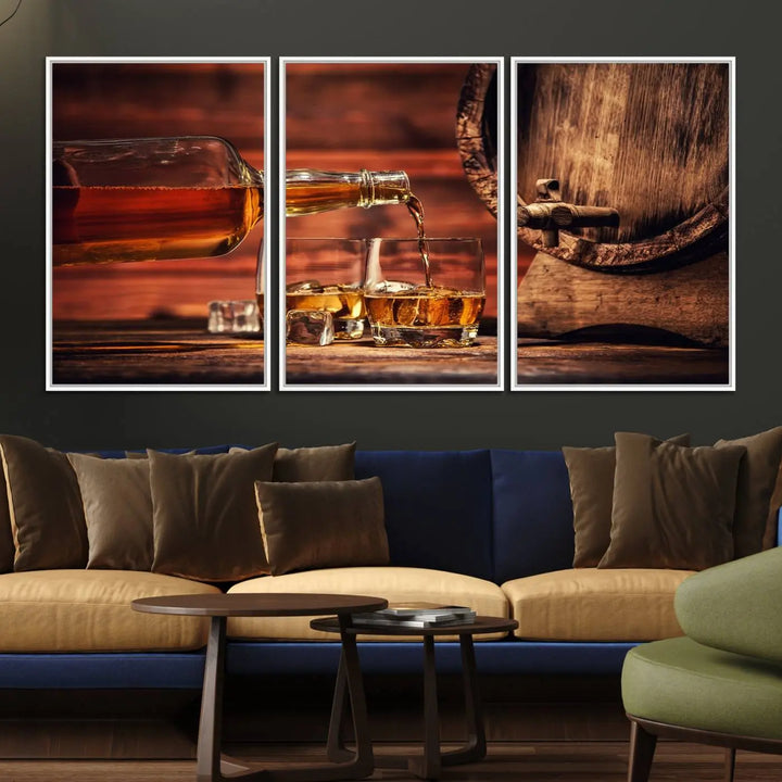 The wall art, titled Scotch Whiskey Barrel Cigar Bourbon, is a canvas print depicting whiskey being poured against the backdrop of a rustic barrel.