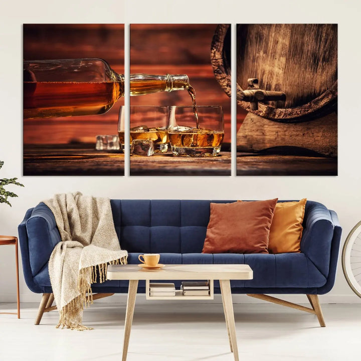 The Scotch Whiskey Barrel Cigar Bourbon Wall Art Canvas Print is a hand-assembled triptych depicting whiskey flowing into glasses, set against a backdrop of barrels. Crafted on museum-quality canvas, this piece adds an elegant touch to any room and includes free shipping for added convenience.