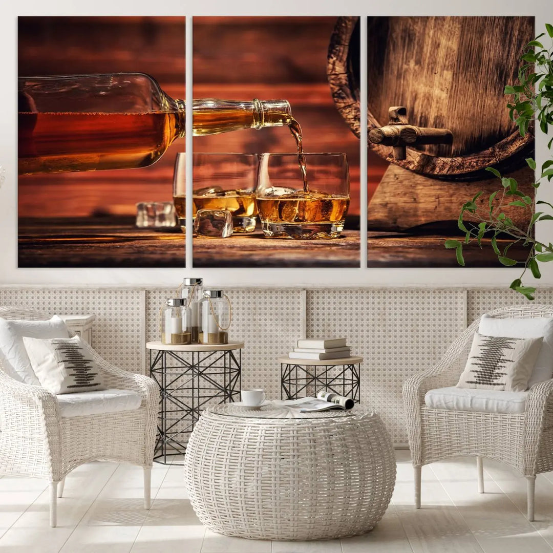 The Scotch Whiskey Barrel Cigar Bourbon Wall Art Canvas Print is a hand-assembled triptych depicting whiskey flowing into glasses, set against a backdrop of barrels. Crafted on museum-quality canvas, this piece adds an elegant touch to any room and includes free shipping for added convenience.