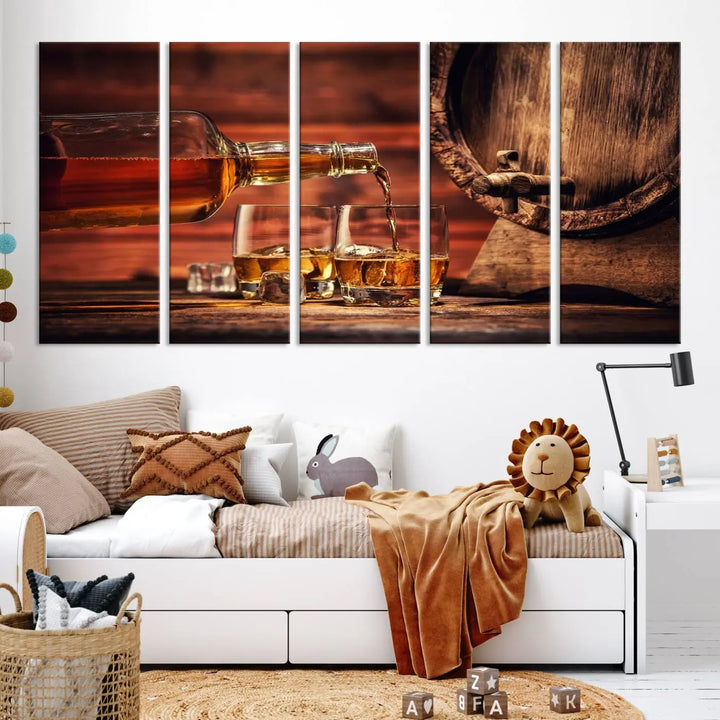 The Scotch Whiskey Barrel Cigar Bourbon Wall Art Canvas Print is a hand-assembled triptych depicting whiskey flowing into glasses, set against a backdrop of barrels. Crafted on museum-quality canvas, this piece adds an elegant touch to any room and includes free shipping for added convenience.