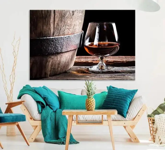 The Scots Whiskey Wall Art Canvas Print, a triptych gallery-wrapped piece crafted with museum-quality precision, showcases a barrel and a glass of whiskey on a wooden table. It includes a UV-protective coating for durability.