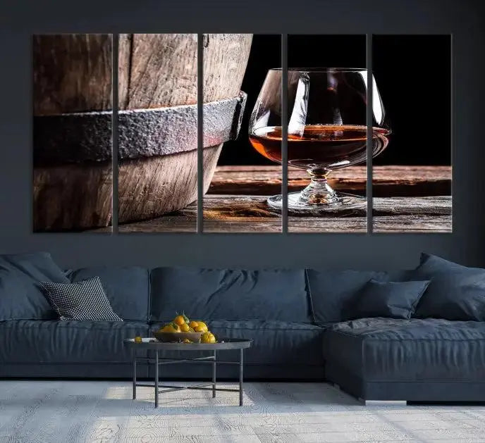 The Scots Whiskey Wall Art Canvas Print, a triptych gallery-wrapped piece crafted with museum-quality precision, showcases a barrel and a glass of whiskey on a wooden table. It includes a UV-protective coating for durability.