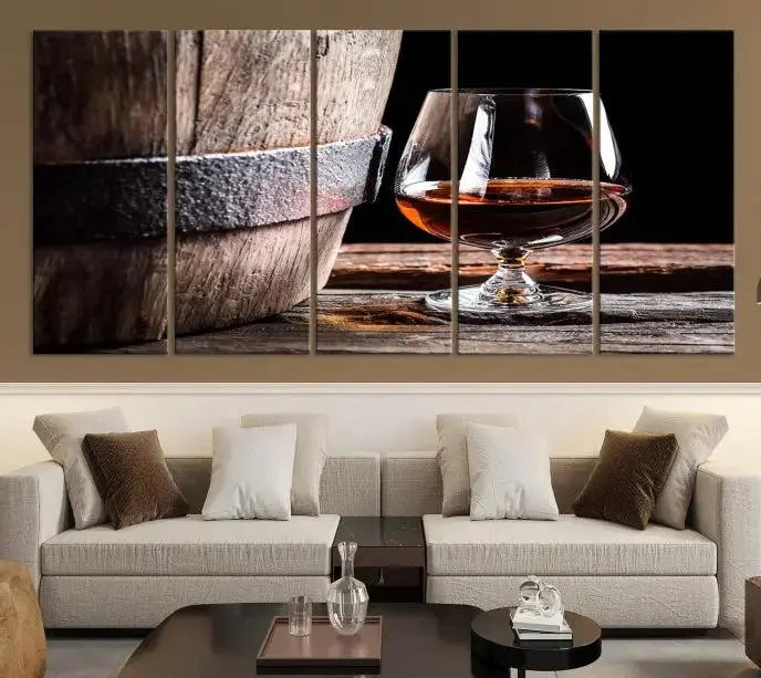 The Scots Whiskey Wall Art Canvas Print, a triptych gallery-wrapped piece crafted with museum-quality precision, showcases a barrel and a glass of whiskey on a wooden table. It includes a UV-protective coating for durability.