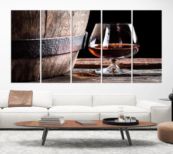 The Scots Whiskey Wall Art Canvas Print, a triptych gallery-wrapped piece crafted with museum-quality precision, showcases a barrel and a glass of whiskey on a wooden table. It includes a UV-protective coating for durability.